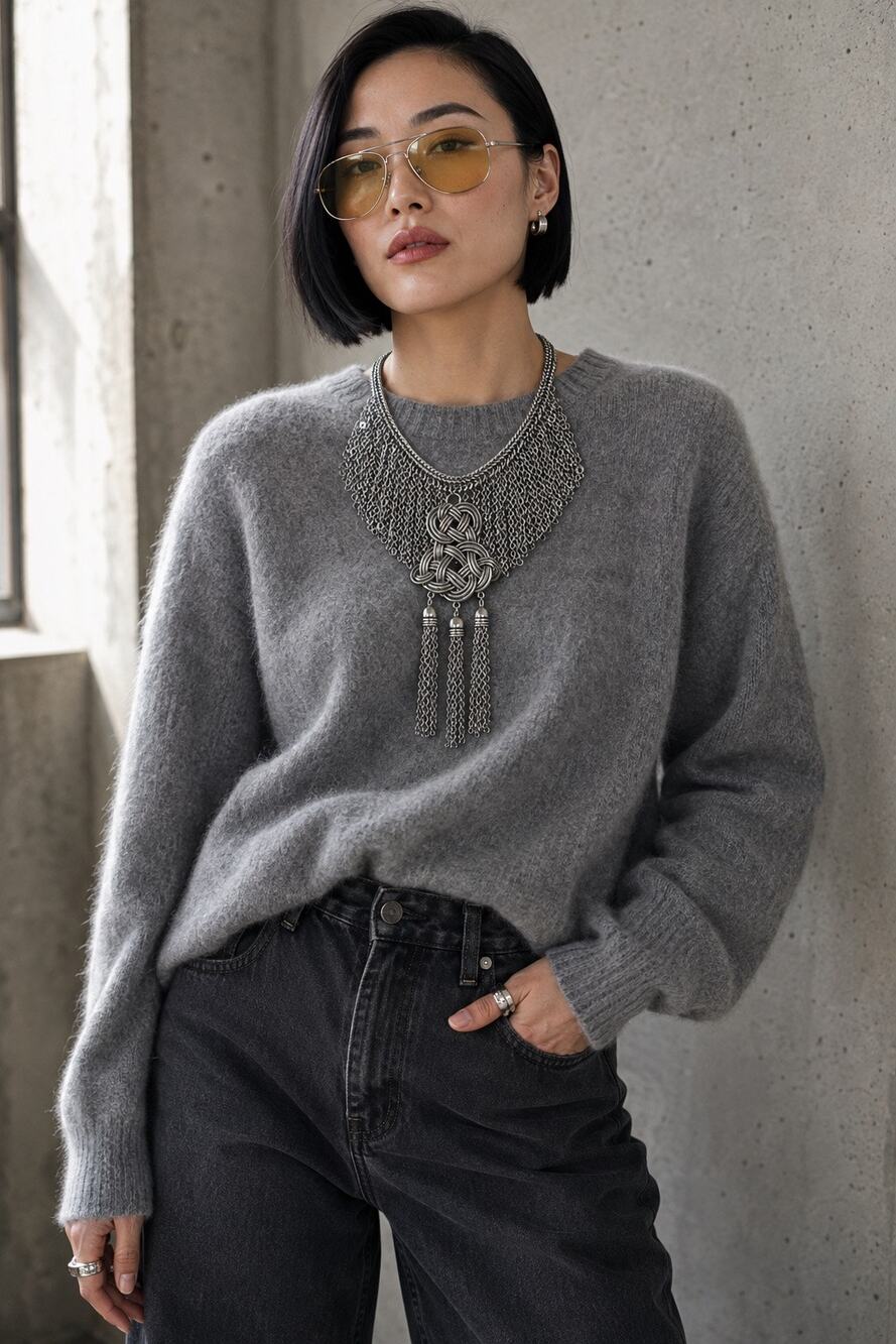 Chico’s Silver Chainmail Celtic Knot Tassel Statement Necklace